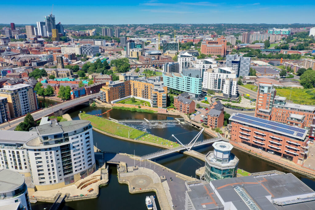 Aerial photo of the Leeds City Centre taken from the area known as The Leeds Dock on a bright sunny summers day