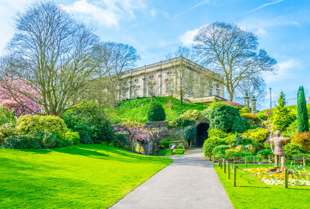 View of a blossoming garden inside of the Nottingham castle, England