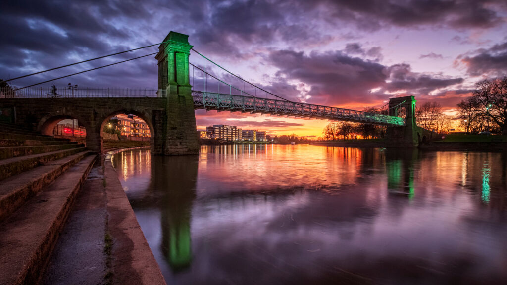 Wilford suspension bridge at sunset in Nottingham