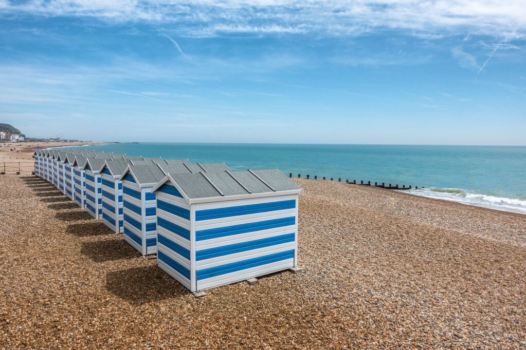beach huts on Hastings beach in Sussex England