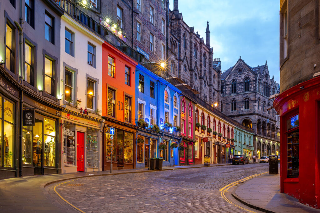 Edinburgh, UK - July 9, 2018: victoria street, built between 1829-34 as part of a series of improvements to the Old Town, with the aim of improving access around the city