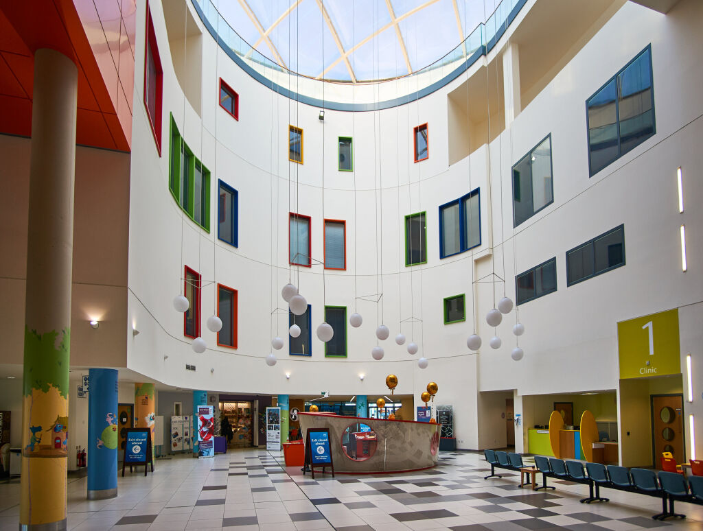 Glasgow, UK - 21st September 2018: Interior of the new NHS Royal hospital for children in Glasgow, Scotland, showing colorful and children friendly design.