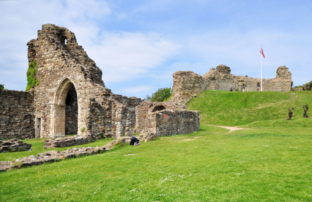 The ruins of Hastings castle and chapel in East Sussex, UK, with origins dating back to 1067.