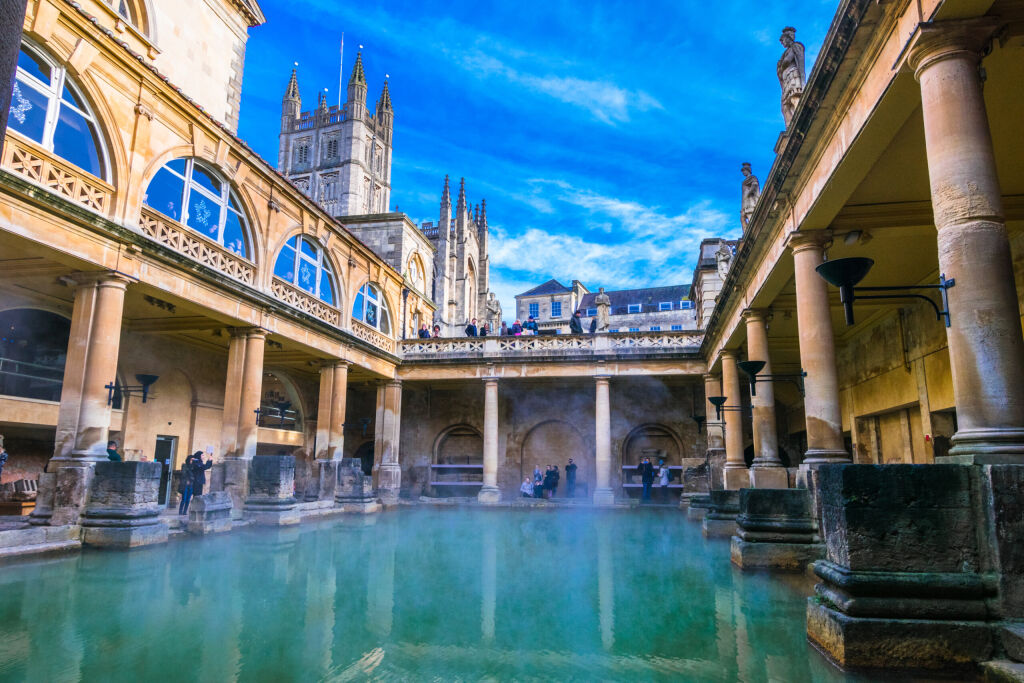 Bath, England - December 10 2017: Steaming Roman Baths in winter