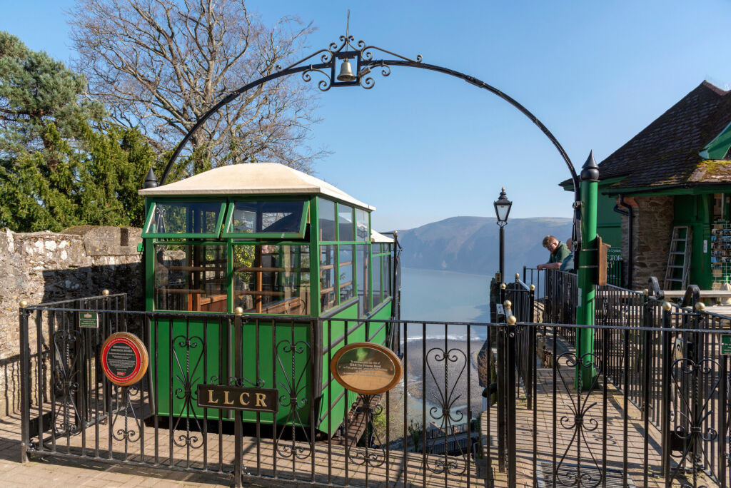 Lynton, Devon, England, UK. March 2019. The Lynton & Lynmouth cliff railway which operates onwater power between the two towns  of Lynton & Lynmouth at the bottom