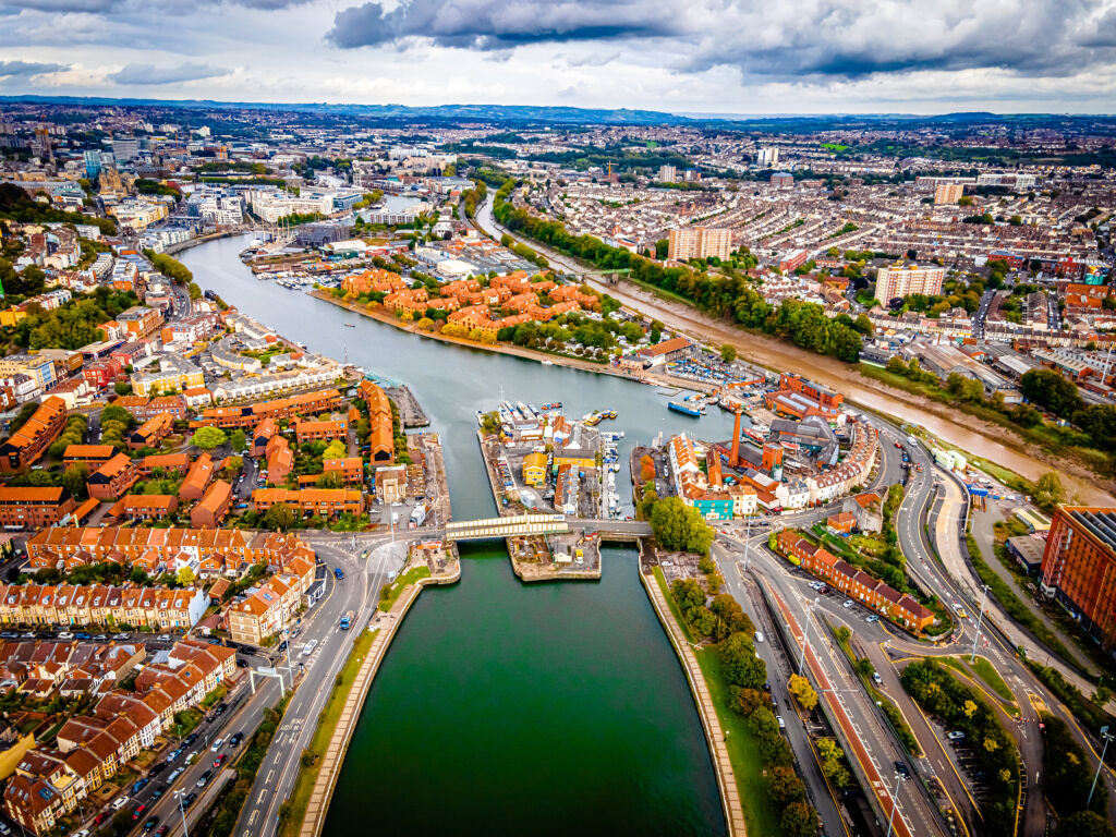 Aerial panorama of the city of Bristol, UK