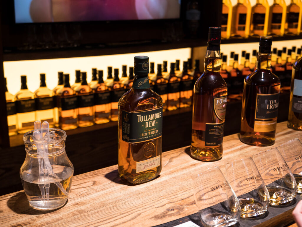 DUBLIN, IRELAND - AUGUST 22, 2018: The Dublin Whiskey Museum explains history of Irish Whiskey and invites to taste a few of them