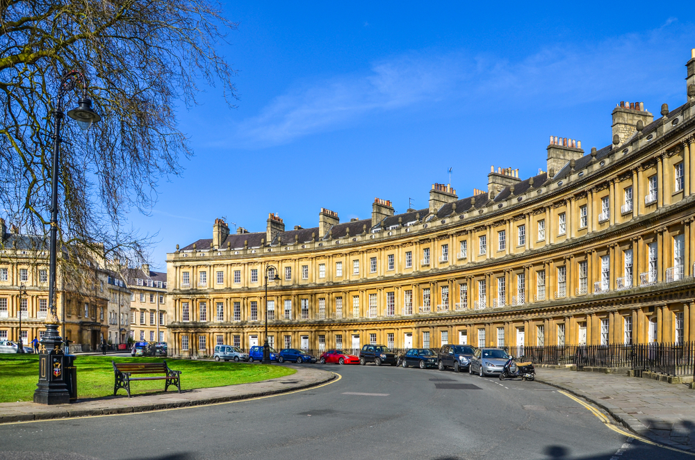 The Circus -- the iconic British style architecture buildings.The historic street of large townhouses in the city of Bath, United Kingdom.