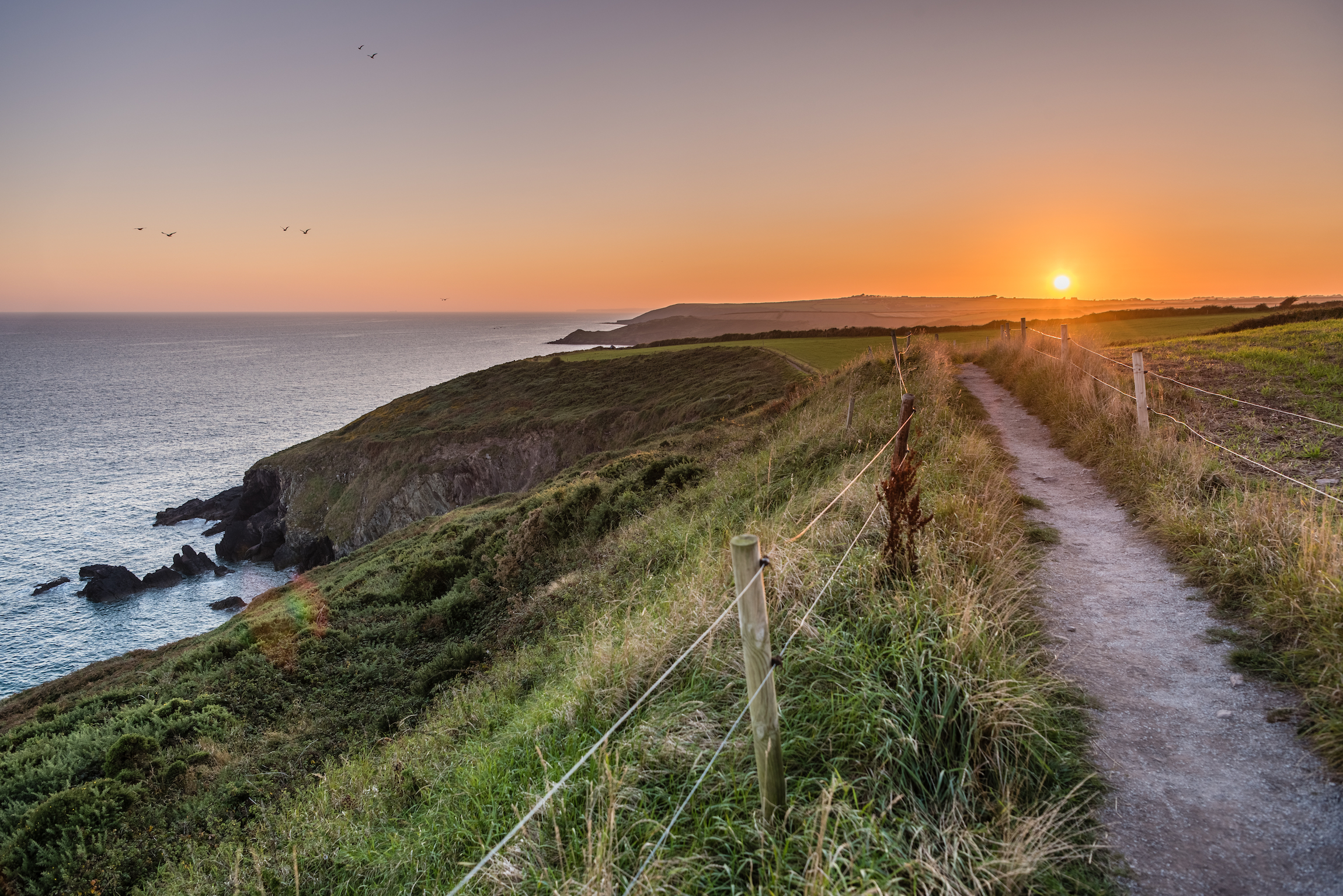 Piękna panorama zachodu słońca na klifie Ballycotton, hrabstwo Cork, Irlandia, o zmierzchu, spokojne morze, zachodzące słońce, samotna ścieżka, popularny szlak turystyczny, zmierzch, ocean