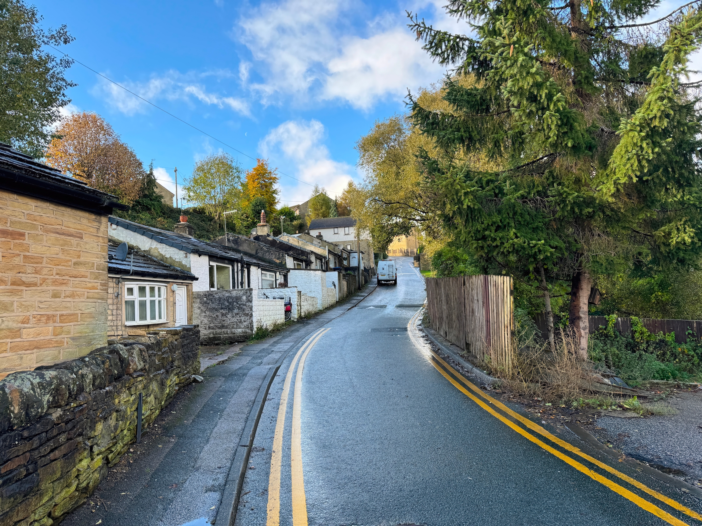 Haycliffe Lane, z kamiennymi ścianami, małymi domkami, starymi drzewami i domami, w pochmurny dzień w Bradford, Wielka Brytania